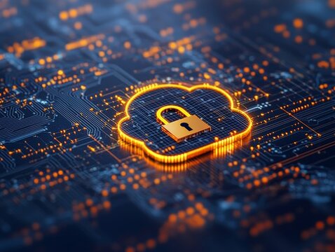 Glowing orange cloud with a central padlock icon integrated into a futuristic circuit board, symbolizing data encryption, secure networks, and advanced cloud computing systems