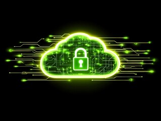 Futuristic digital cloud illuminated in neon blue and green hues with embedded circuits, representing data security, advanced cloud computing, and cyber resilience
