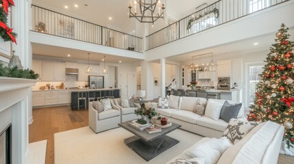 Elegant Christmas Living Room Interior Design With Two Story Ceiling