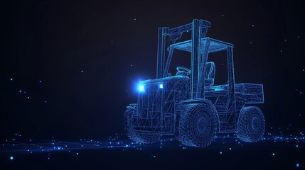 Abstract truck-mounted forklift on a dark blue background, showcasing low-poly wireframe, glowing lines, and futuristic design elements for industrial innovation.