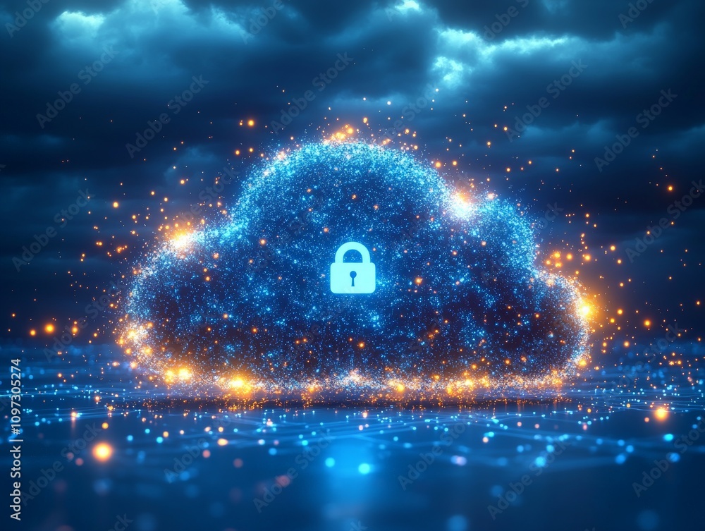 Aufkleber futuristic blue cloud with a glowing lock surrounded by spark like digital elements on a circuit bac