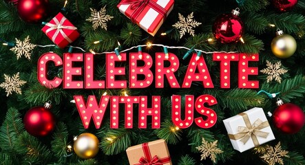 celebrate with us lettering on christmas tree with presents and baubles lights