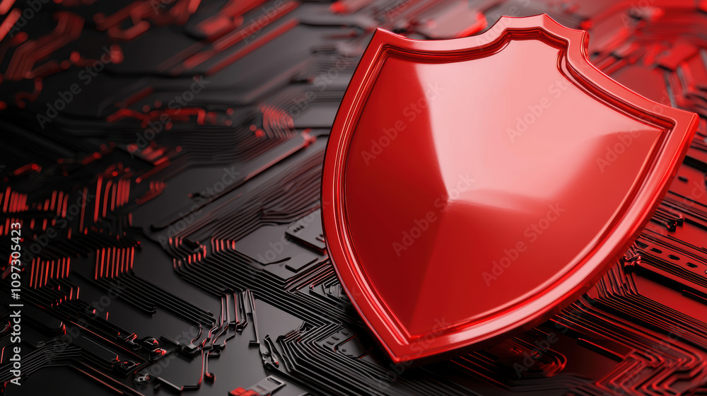 Poster cyber insurance risk management concept. a shiny red shield rests on a dark, textured surface resemb