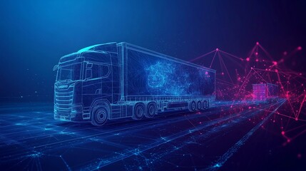 Abstract multimodal logistics software interface with dark blue background, low-poly wireframe elements, glowing lines, and futuristic particle effects for a tech-inspired design.