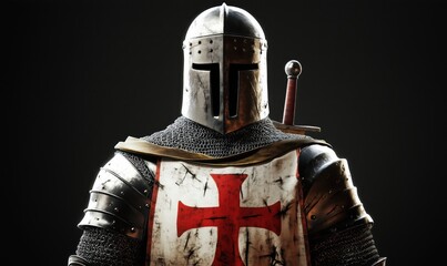 Knight armor with cross emblem, detailed metal helmet, chainmail, sword, historical warrior attire