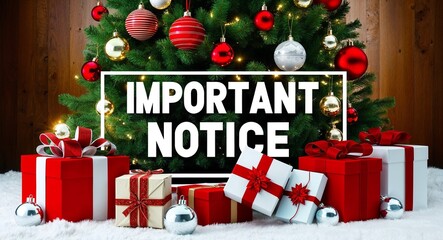 important notice lettering on christmas tree with presents and baubles lights