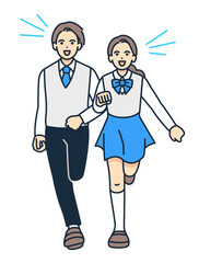 正面アングル。制服を着た男子高生と女子高生が走る元気なイラスト。