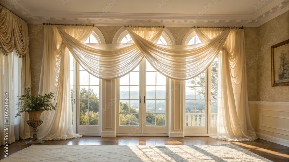 Poster window treatments in soft linen filter natural light allowing a warm glow to bathe the room while co