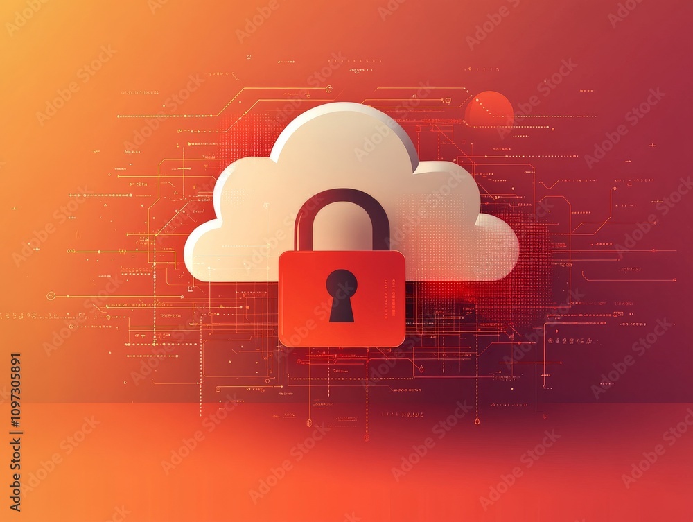 Poster bright white cloud lock with glowing red accents and network connections, symbolizing modern cloud e