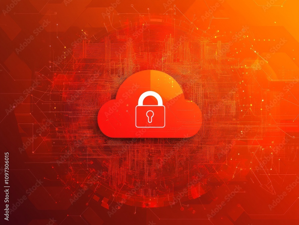 Aufkleber bright red cloud lock on a digital network background with intricate glowing particles, representing