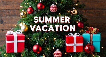 summer vacation lettering on christmas tree with presents and baubles lights