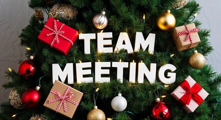 team meeting lettering on christmas tree with presents and baubles lights