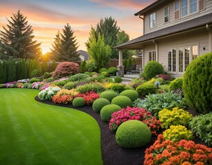 This stunning garden showcases a vibrant array of colorful flowers and lush bushes, creating a...