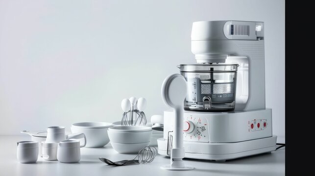 A modern kitchen mixer with various attachments and bowls, showcasing a minimalist design against a clean background.