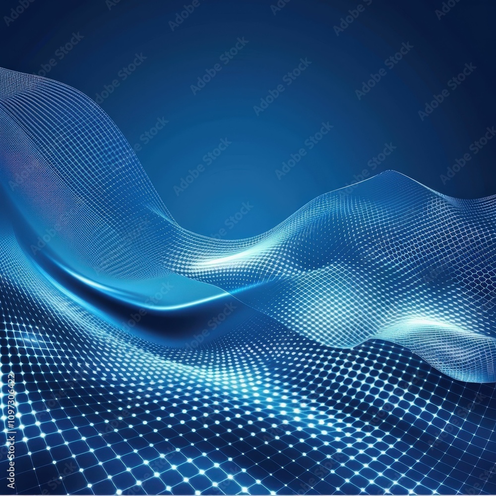 Poster a digital wave pattern in blue tones, featuring mesh-like structures and glowing dots, suggesting a 