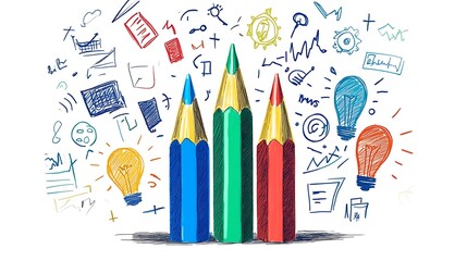  A colorful pencil with arrows pointing up and down design symbolizes the growth of ideas in business or education. The arrows are made from different color designs, such as red for energy design, 