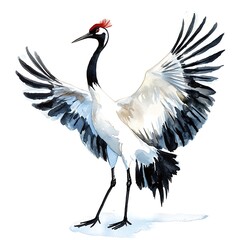 Fototapeta premium Watercolor Painting of a Red-crowned Crane with Wings Spread Wide.