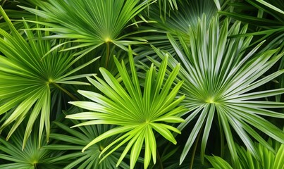 Lush green palm leaves, vibrant foliage, intricate patterns, tropical plants, natural background