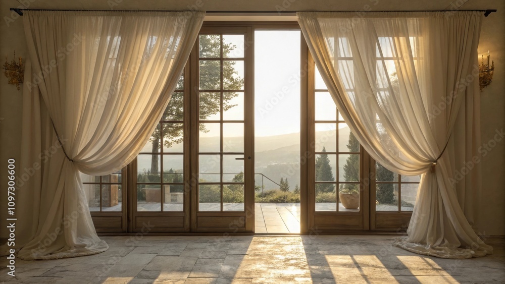 Poster soft billowy drapes frame the large glass doors gently filtering sunlight and adding a touch of eleg