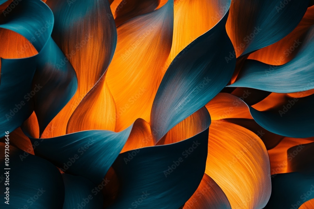 Poster abstract composition of vibrant blue and orange leaves creating a captivating visual display of natu
