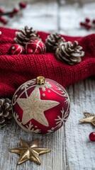 Fototapeta premium Elegant Red Christmas Ornament with Pinecones and Festive Decor