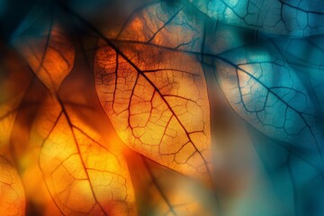 Obraz premium Abstract close-up of translucent leaves in vibrant hues of orange and blue, showcasing intricate vein patterns and artistic lighting effects for natural beauty concepts.