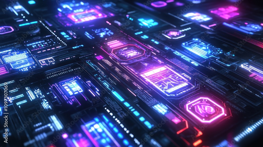 Poster futuristic technology glowing circuit board interface design