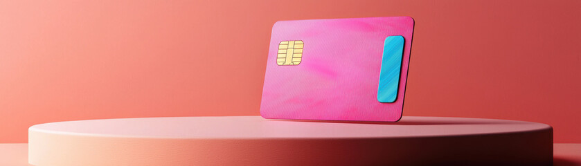 Cyber Insurance Risk Management Concept. A vibrant pink credit card rests on a circular pedestal against a warm, muted background, showcasing modern design and minimalism.