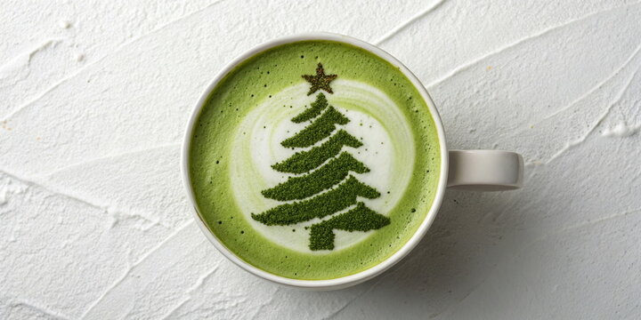 Christmas tree latte art in green matcha drink