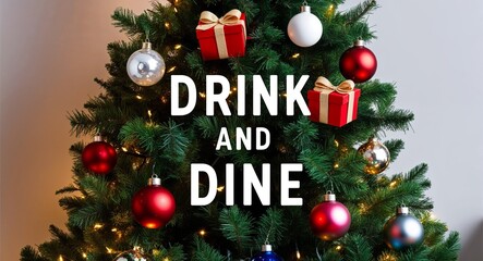 drink and dine lettering on christmas tree with presents and baubles lights