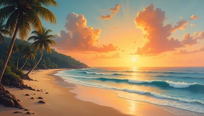 A serene tropical beach at sunset featuring calm waves, palm trees, a sailboat, and vibrant orange skies with clouds.
