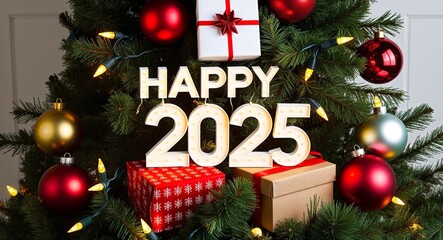 happy 2025 lettering on christmas tree with presents and baubles lights