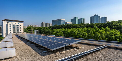 Fototapeta premium Solar panels on urban rooftop with city skyline