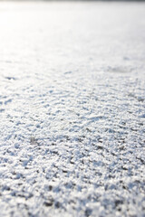 Snowflakes gently falling on a serene winter landscape during a bright sunny day