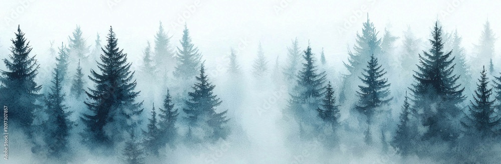 Poster misty forest landscape with tall pine trees surrounded by dense fog, creating a serene and mystical 