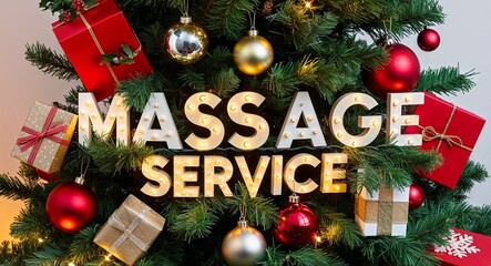 Massage services lettering on christmas tree with presents and baubles lights