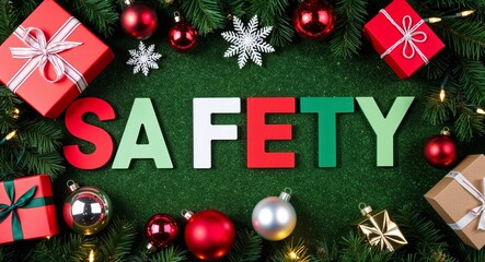 safety first lettering on christmas tree with presents and baubles lights