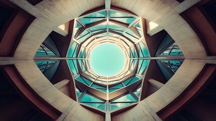 A striking architectural image shows a circular skylight from a unique perspective. The circular design draws the viewer's eye upward toward a bright blue sky framed by glass panels. The structure com