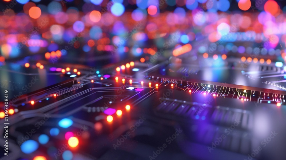 Poster abstract glowing circuit board with vibrant lights and bokeh background.