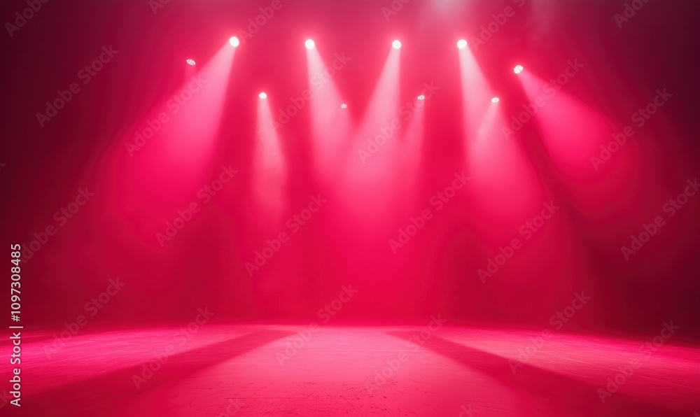 Poster pink stage lights illuminating empty performance area, creating dramatic atmosphere. soft fog enhanc