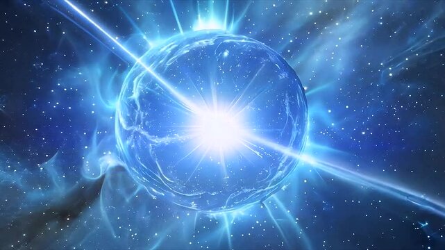 Blue star shining, pulsar in universe. Space footage, frame for creative project. Bright star light rays effect, animation. Journey into the depths of  blue star. 