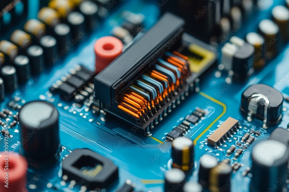 Poster close-up of a colorful circuit board with electronic components and a connector plugged into a brigh