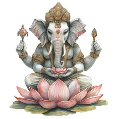 Fototapeta premium Serene Watercolor Painting of Ganesha, the Hindu Elephant God, Seated on a Lotus Flower.