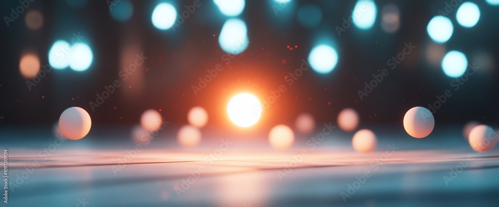 Poster abstract spheres floating over glowing surface.