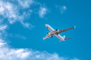 Fototapeta premium Airplane flying in a clear blue sky with fluffy white clouds.