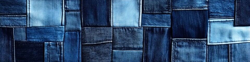Naklejka premium Denim textures patchwork pattern background with high angle perspective, textures, fashion, patchwork, denim, fabric
