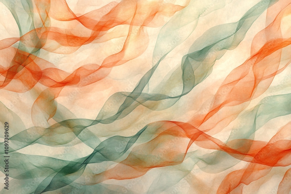 Poster ethereal abstract background with soft flowing waves in shades of orange and teal, creating a dreamy