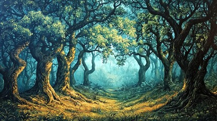 A mystical forest scene enveloped in a soft, ethereal light. The foreground features twisted tree trunks with thick, gnarled roots partially covered by lush green grass. Bright yellow-green leaves eme