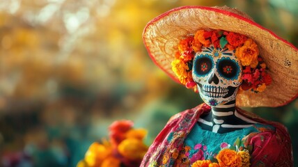 Woman with colorful sugar skull makeup in traditional dress and hat