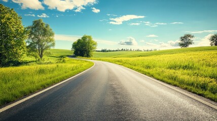 Fototapeta premium Curved country road through green fields under blue sky with clouds